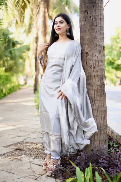 Gray Silk Kurti Pant Set With Embroidered Work  3 Piece Kurti Set