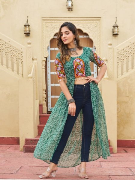Green Bandhani Faux Georgette Kurti with Traditional Kutchi Work Best for Navratri Festivals Shop by Occasion
