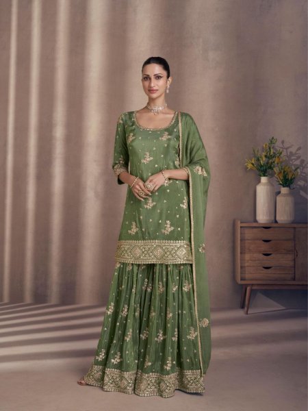 Green Chinon Embroidery With Sequence Work Heavy Pakistani Suit At Lowest Price 