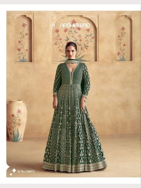 Green Color Aashirwad Creation Real Georgette Gown With Dupatta Anarakali Gown Wholesale