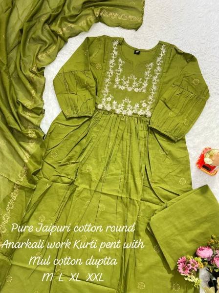 Green Color Embroidered Cotton Anarkali Kurti with Printed Pant & Dupatta For Women Anarkali Kurtis 