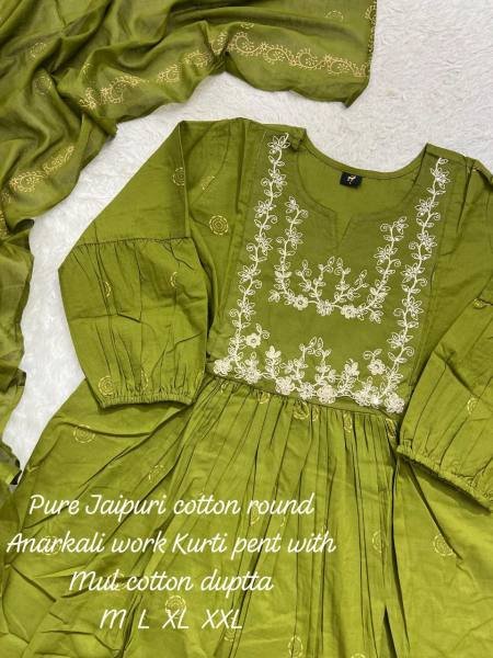 Green Color Embroidered Cotton Anarkali Kurti with Printed Pant & Dupatta For Women Anarkali Kurtis 