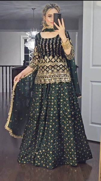 Green Color Faux Georgette Top With Lehenga  Designer Lehenga Choli