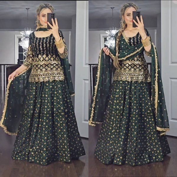 Green Color Faux Georgette Top With Lehenga  Designer Lehenga Choli