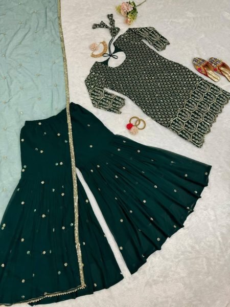 Green Color Fox Georgette Sequence Work Sharara Set  Ready To Wear Collection