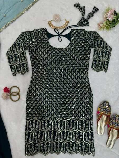 Green Color Fox Georgette Sequence Work Sharara Set  Ready To Wear Collection