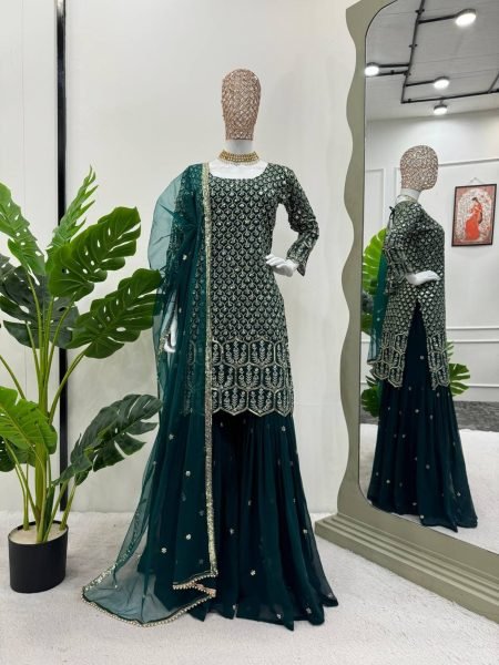 Green Color Fox Georgette Sequence Work Sharara Set  Ready To Wear Collection