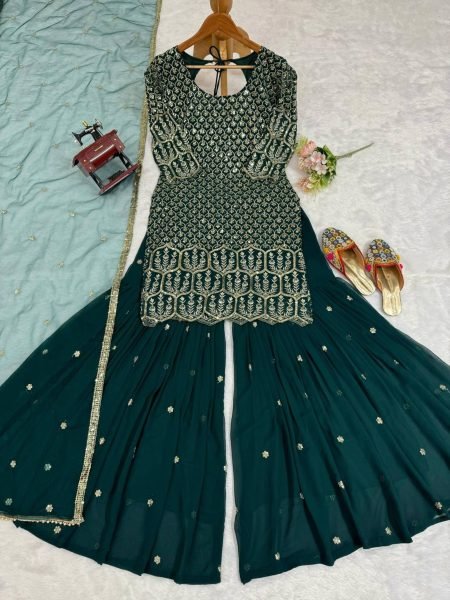 Green Color Fox Georgette Sequence Work Sharara Set  Ready To Wear Collection