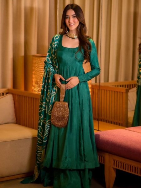 Green Color Chinnon Silk Anarkali Kurti  With Cotton Dupatta  Kurtis