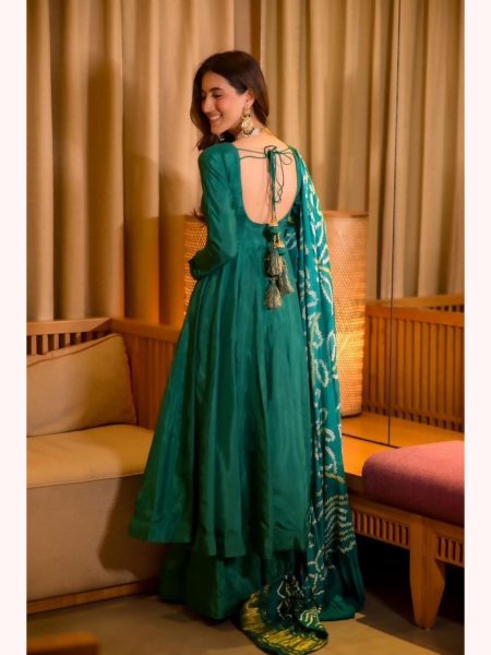 Green Color Chinnon Silk Anarkali Kurti  With Cotton Dupatta  Anarkali Kurtis 