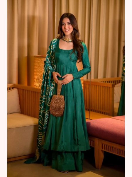 Green Color Chinnon Silk Anarkali Kurti  With Cotton Dupatta  Anarkali Kurtis 