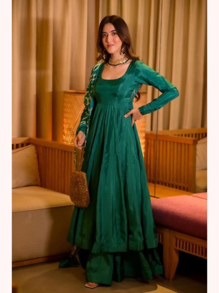 Green Color Chinnon Silk Anarkali Kurti  With Cotton Dupatta  Anarkali Kurtis 