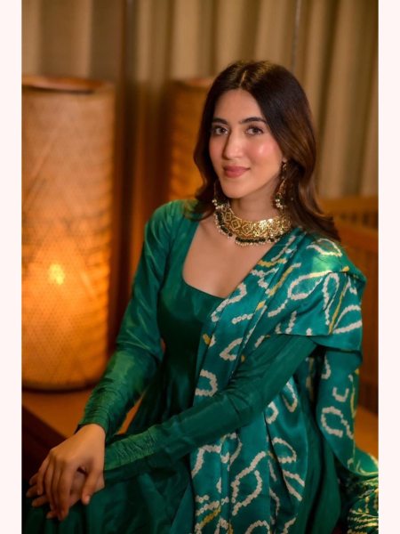 Green Color Chinnon Silk Anarkali Kurti  With Cotton Dupatta  Anarkali Kurtis 