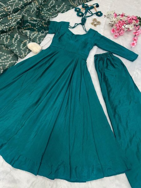 Green Color Chinnon Silk Anarkali Kurti  With Cotton Dupatta  Anarkali Kurtis 