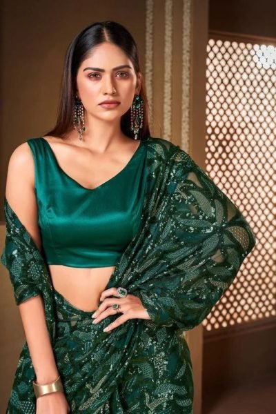 Green Color Georgette Saree With Embroidery   Sequence Work  Georgette Sarees Wholesale