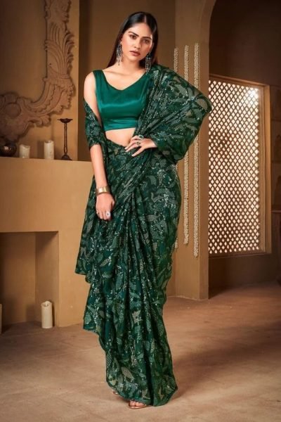 Green Color Georgette Saree With Embroidery   Sequence Work  Georgette Sarees Wholesale