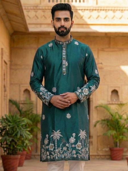 Green Color Heavy Embroidery Work Malai Silk Kurta Set at Best Rates For Mens 