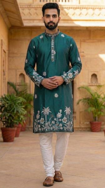 Green Color Heavy Embroidery Work Malai Silk Kurta Set at Best Rates For Mens Kurta Pajama Wholesale