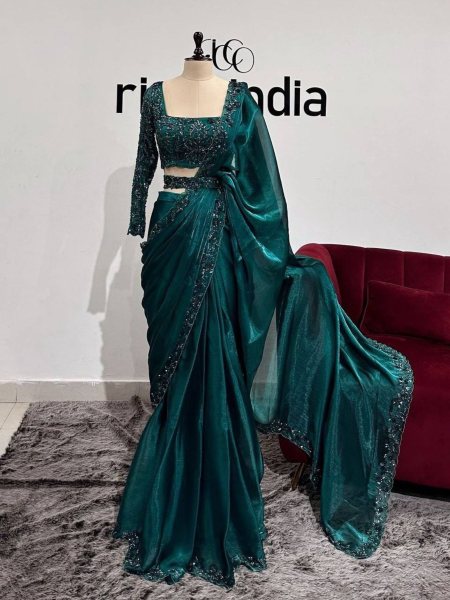 Green Color Jimmy Saree With Sequence Work   JIMMY CHOO SAREE