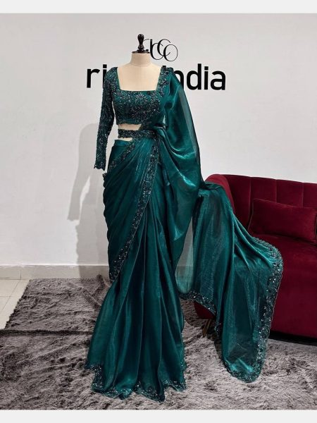 Green Color Jimmy Saree With Sequence Work   JIMMY CHOO SAREE