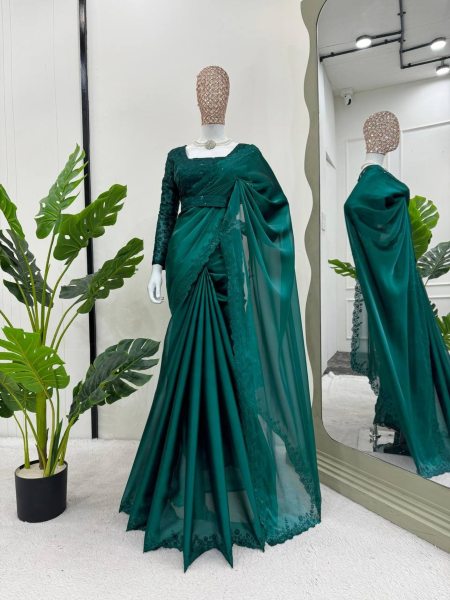 Green Color Jimmy Saree With Sequence Work   JIMMY CHOO SAREE