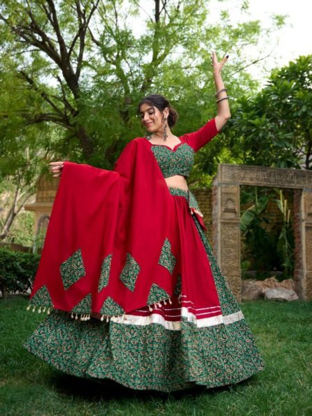 Green Color Pure Cotton Printed Navratri Lehenga Choli   Lehenga