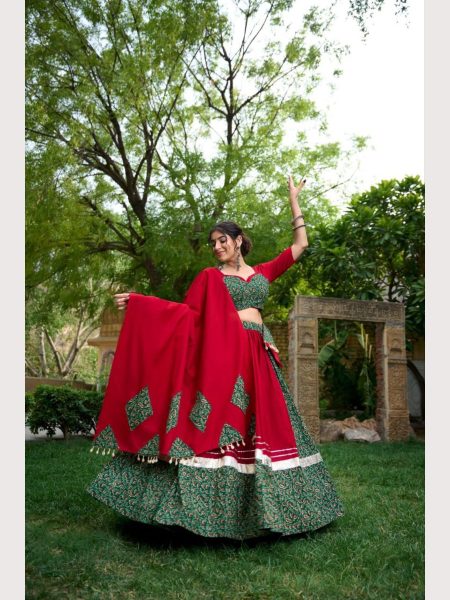 Green Color Pure Cotton Printed Navratri Lehenga Choli  Navratri Lehnega Choli