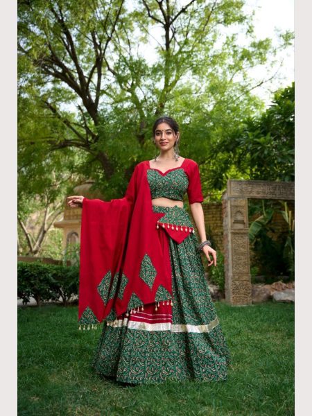 Green Color Pure Cotton Printed Navratri Lehenga Choli  Navratri Lehnega Choli