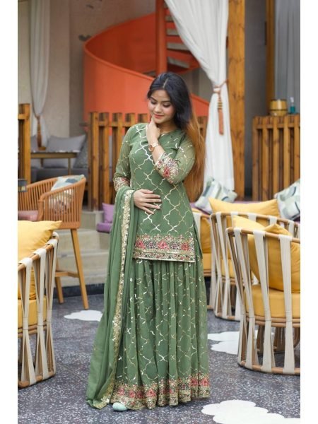 Green Color Sequence Work Fully Stitched Party Wear Sharara Suit With Dupatta Ready To Wear Collection