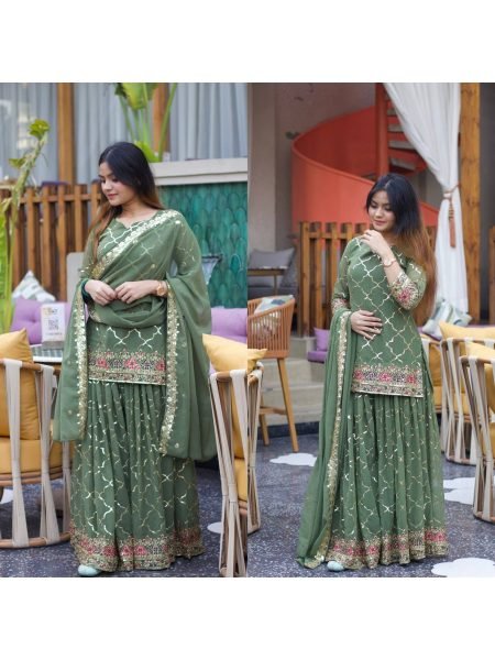 Green Color Sequence Work Fully Stitched Party Wear Sharara Suit With Dupatta Ready To Wear Collection