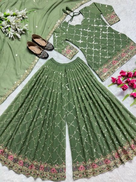 Green Color Sequence Work Fully Stitched Party Wear Sharara Suit With Dupatta Ready To Wear Collection