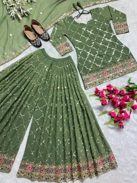 Green Color Sequence Work Fully Stitched Party Wear Sharara Suit With Dupatta Ready To Wear Collection