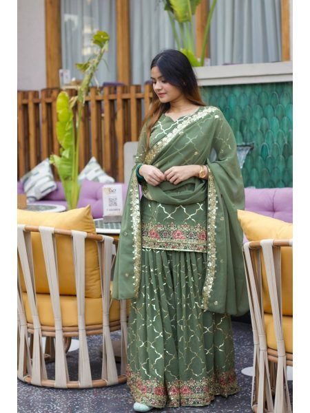 Green Color Sequence Work Fully Stitched Party Wear Sharara Suit With Dupatta Ready To Wear Collection