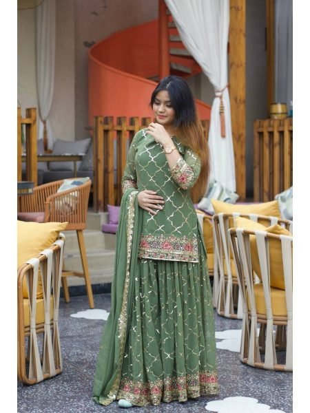 Green Color Sequence Work Fully Stitched Party Wear Sharara Suit With Dupatta Ready To Wear Collection