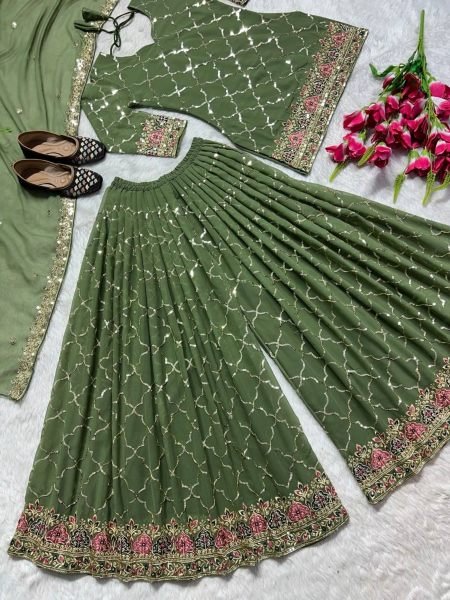Green Color Sequence Work Fully Stitched Party Wear Sharara Suit With Dupatta Ready To Wear Collection