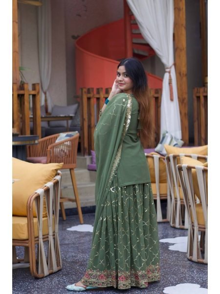Green Color Sequence Work Fully Stitched Party Wear Sharara Suit With Dupatta Ready To Wear Collection