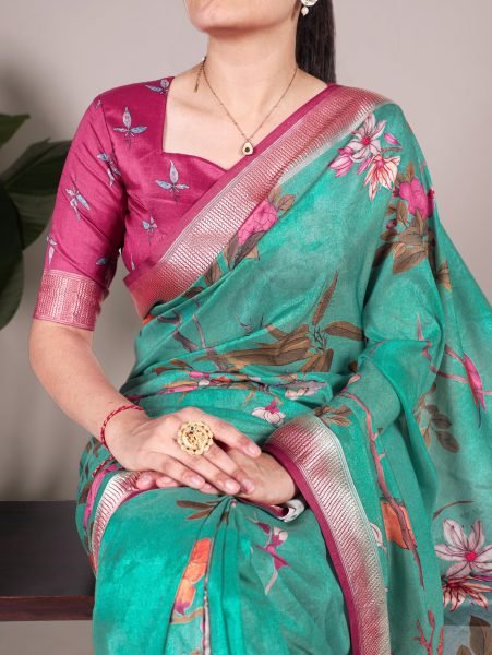 Green Color Tussar Silk With Viscos Border Floral Printed Saree Silk Sarees Wholesale