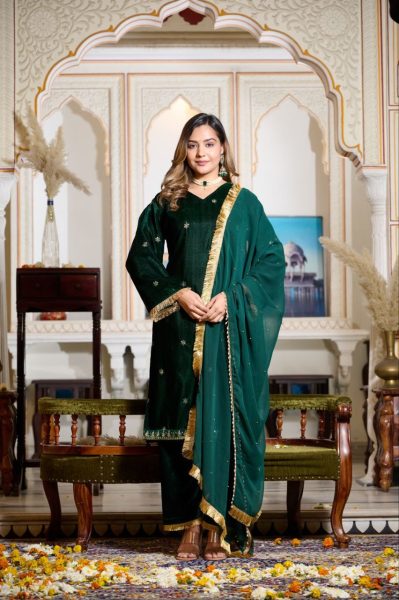 Green Color Viscose Velvet Sequence Work Suits  Ready To Wear Collection