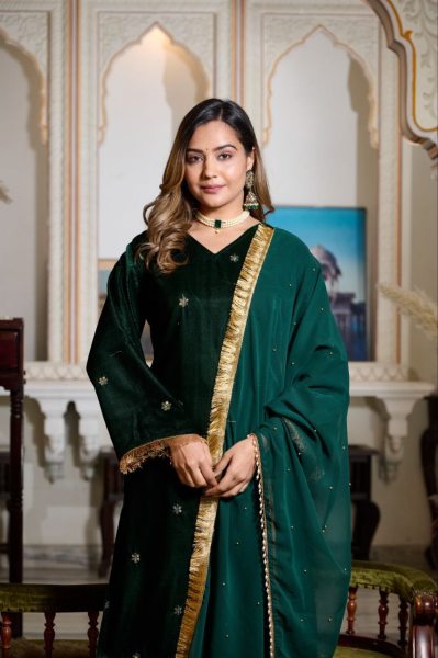 Green Color Viscose Velvet Sequence Work Suits  Ready To Wear Collection