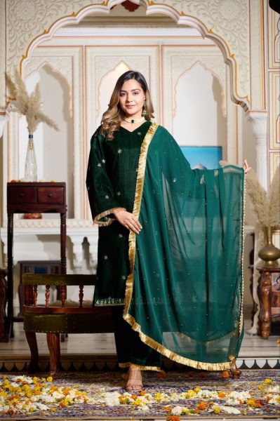 Green Color Viscose Velvet Sequence Work Suits  Ready To Wear Collection