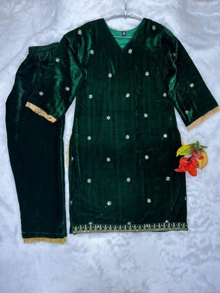 Green Color Viscose Velvet Sequence Work Suits  Ready To Wear Collection