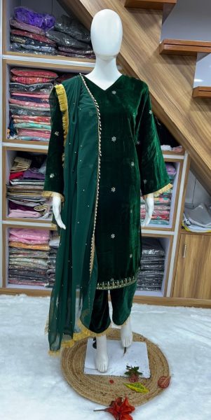 Green Color Viscose Velvet Sequence Work Suits  Ready To Wear Collection