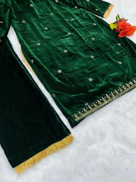 Green Color Viscose Velvet Sequence Work Suits  Ready To Wear Collection