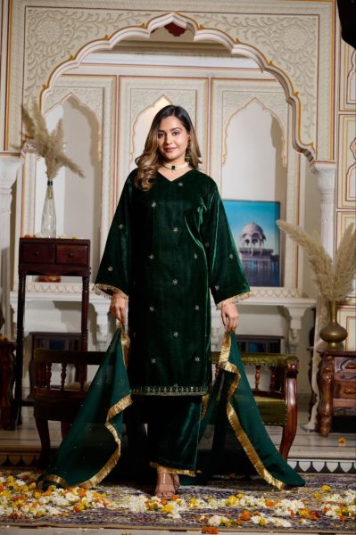 Green Color Viscose Velvet Sequence Work Suits  Ready To Wear Collection