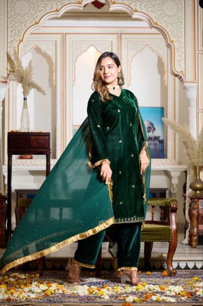 Green Color Viscose Velvet Sequence Work Suits  Ready To Wear Collection