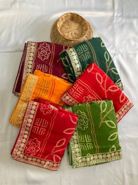 Green Georgette Bandhej Saree with Designer Lace Festive Edition Bandhej Sarees Wholesale