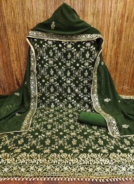Green Georgette Multi Sequence Work Semi-Stitched Suit with Dupatta Cultural Wear Color Set Matching Dress Material Wholesale