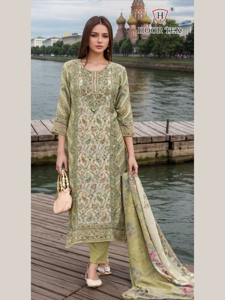 Green Muslin Printed Pakistani Suit Semi Stitched Hoor Tex H 382C Salwar Kameez