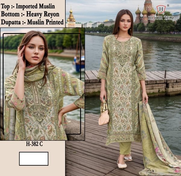 Green Muslin Printed Pakistani Suit Semi Stitched Hoor Tex H 382C Pakistani Suits Wholesale