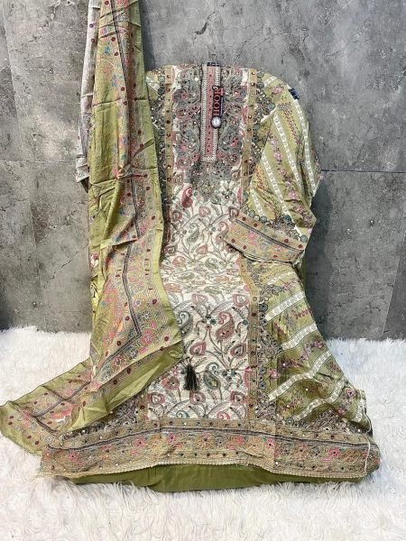 Green Muslin Printed Pakistani Suit Semi Stitched Hoor Tex H 382C Pakistani Suits Wholesale
